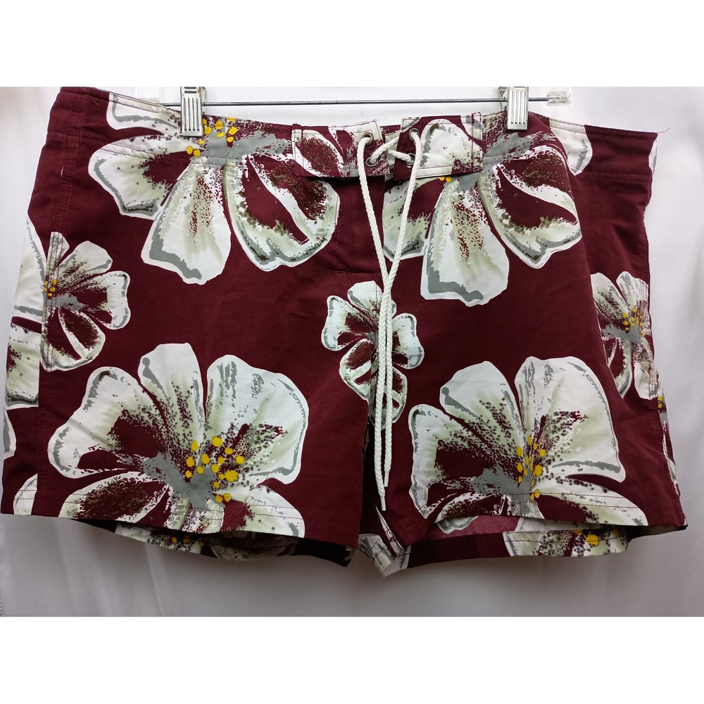 Tracys collection burgundy white beach botanical floral board shorts 15